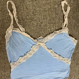 SHEIN Blue Crop Top with Lace Trim